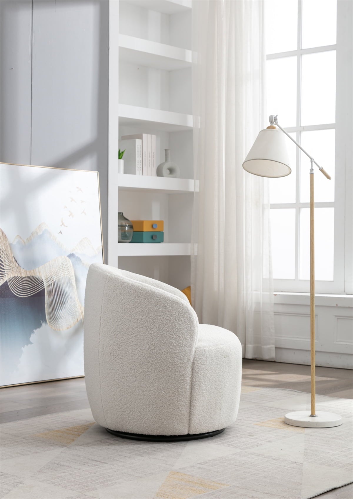 360?¡Þ Swivel Teddy Barrel Chair, Tufted-Back Armchair for Living Room, Bedroom - Ivory