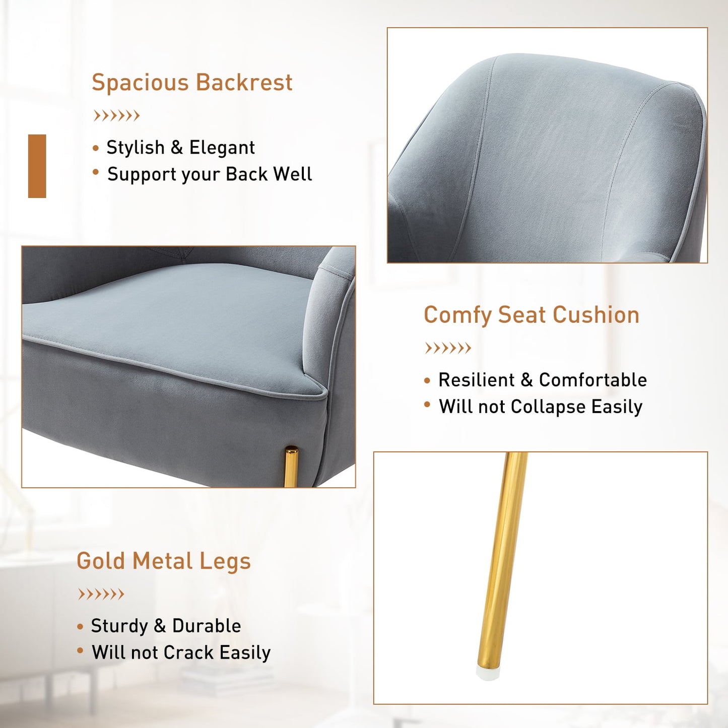 Velvet Upholstered Accent Chairs Set of 2 Metal Legs Curved Backrest Armchairs Bedroom Adult Grey