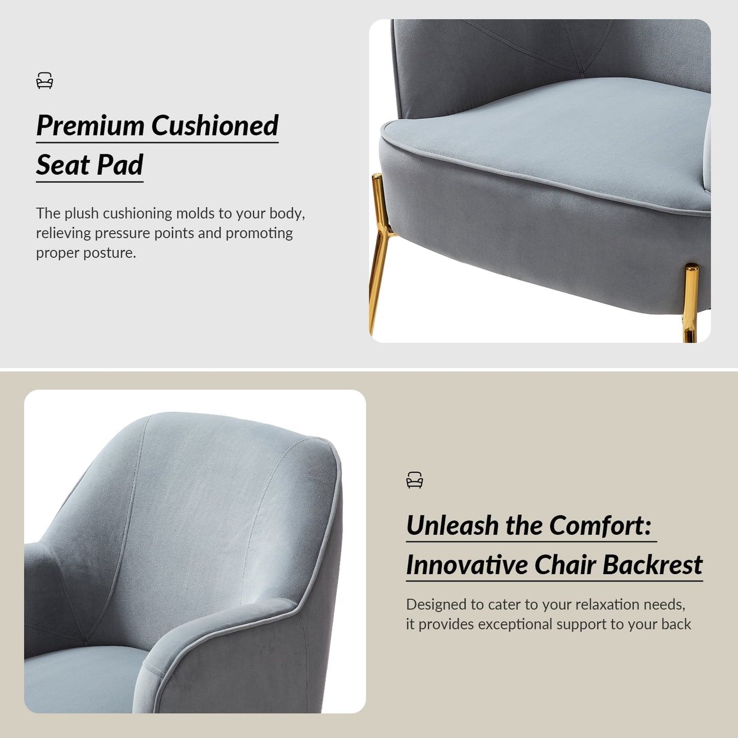 Velvet Upholstered Accent Chairs Set of 2 Metal Legs Curved Backrest Armchairs Bedroom Adult Grey