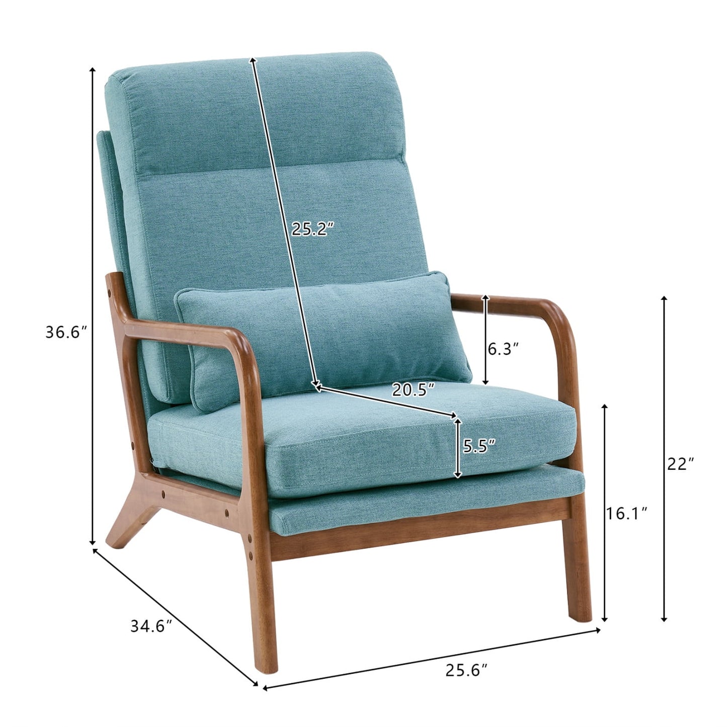 Accent Chair with Cushion, Mid-Century Modern High Back Reading Armchair with Wood Armrest, Upholstered Linen Lounge Chair Solid Wood Side Chair for Living Room Bedroom Apartment, Teal