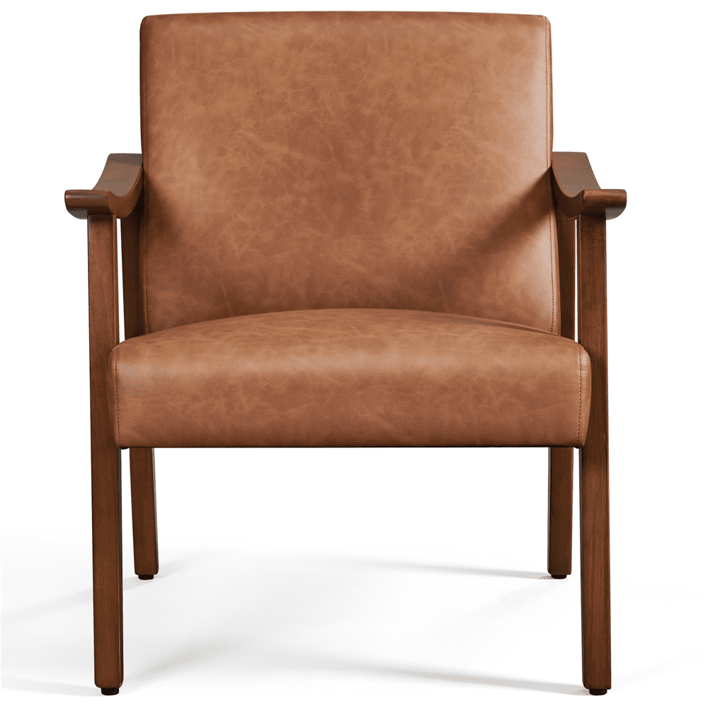 Yaheetech Mid-Century Upholstered Faux Leather Armchair with Solid Wood Legs,Brown