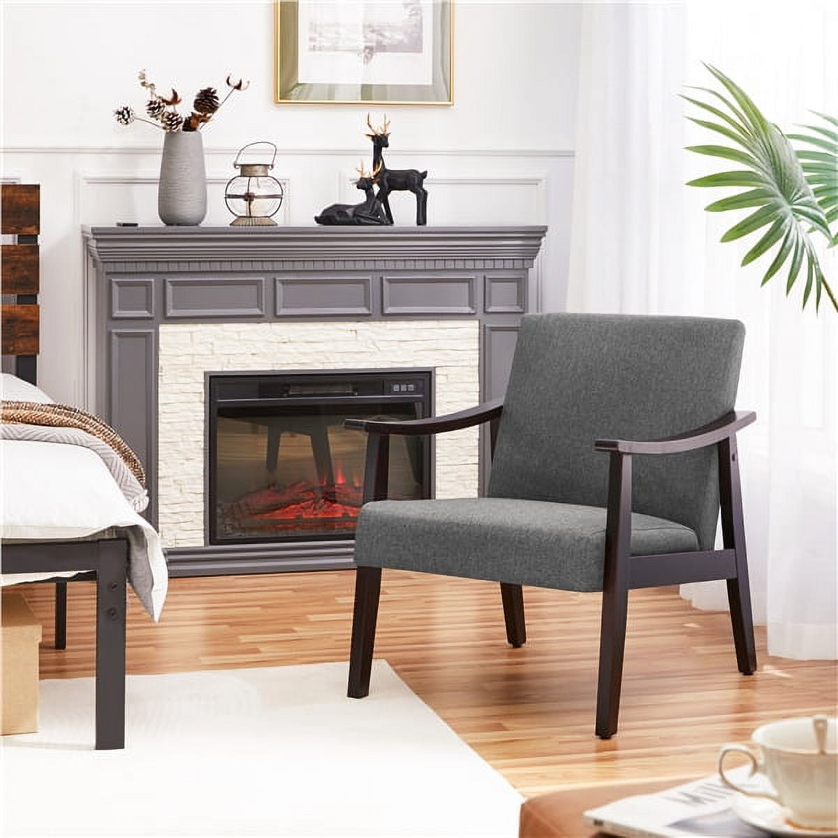 Yaheetech Modern Fabric Accent Armchair with Rubber Wood Legs, Dark Gray