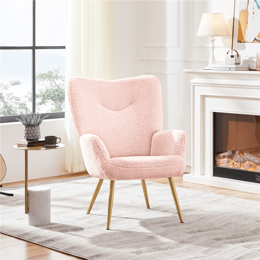 Yaheetech Modern Boucle Fabric Accent Chair with Tapered Legs, Pink