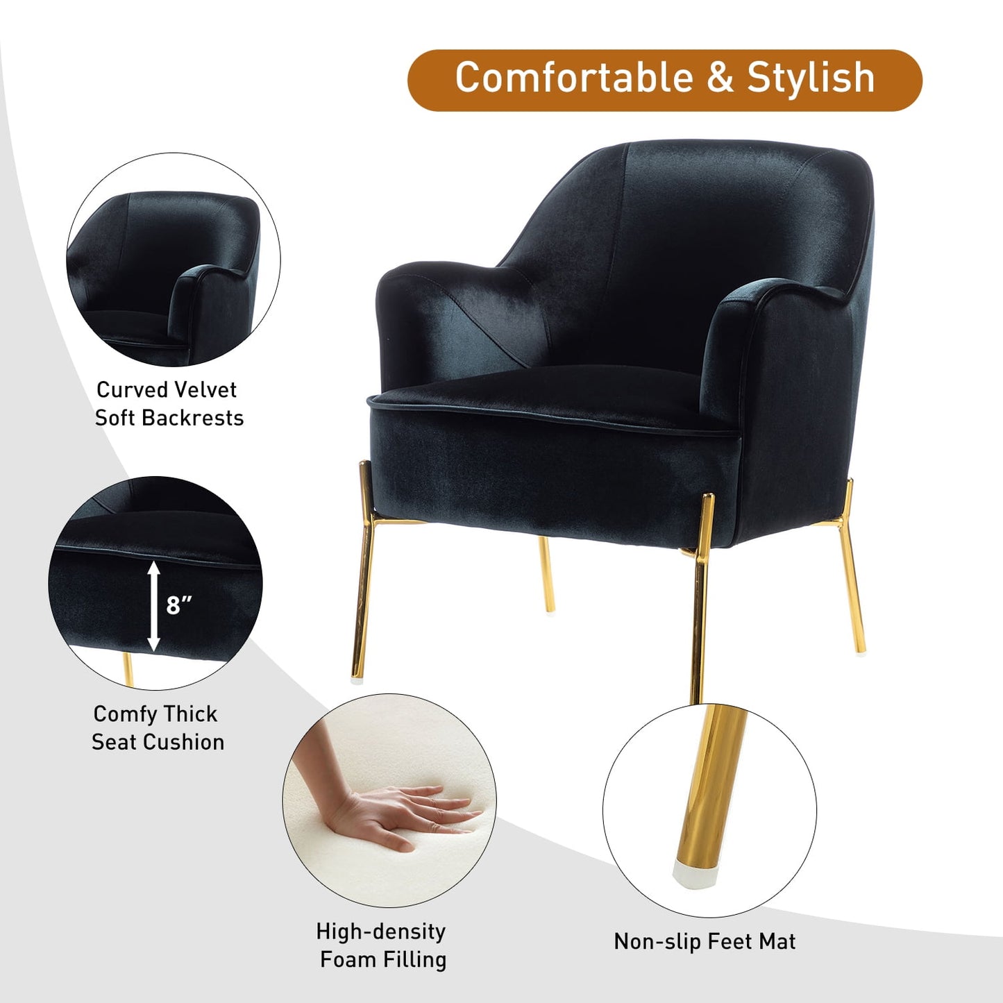 Velvet Upholstered Accent Chairs Set of 2 Metal Legs Curved Backrest Armchairs Bedroom Adult Black