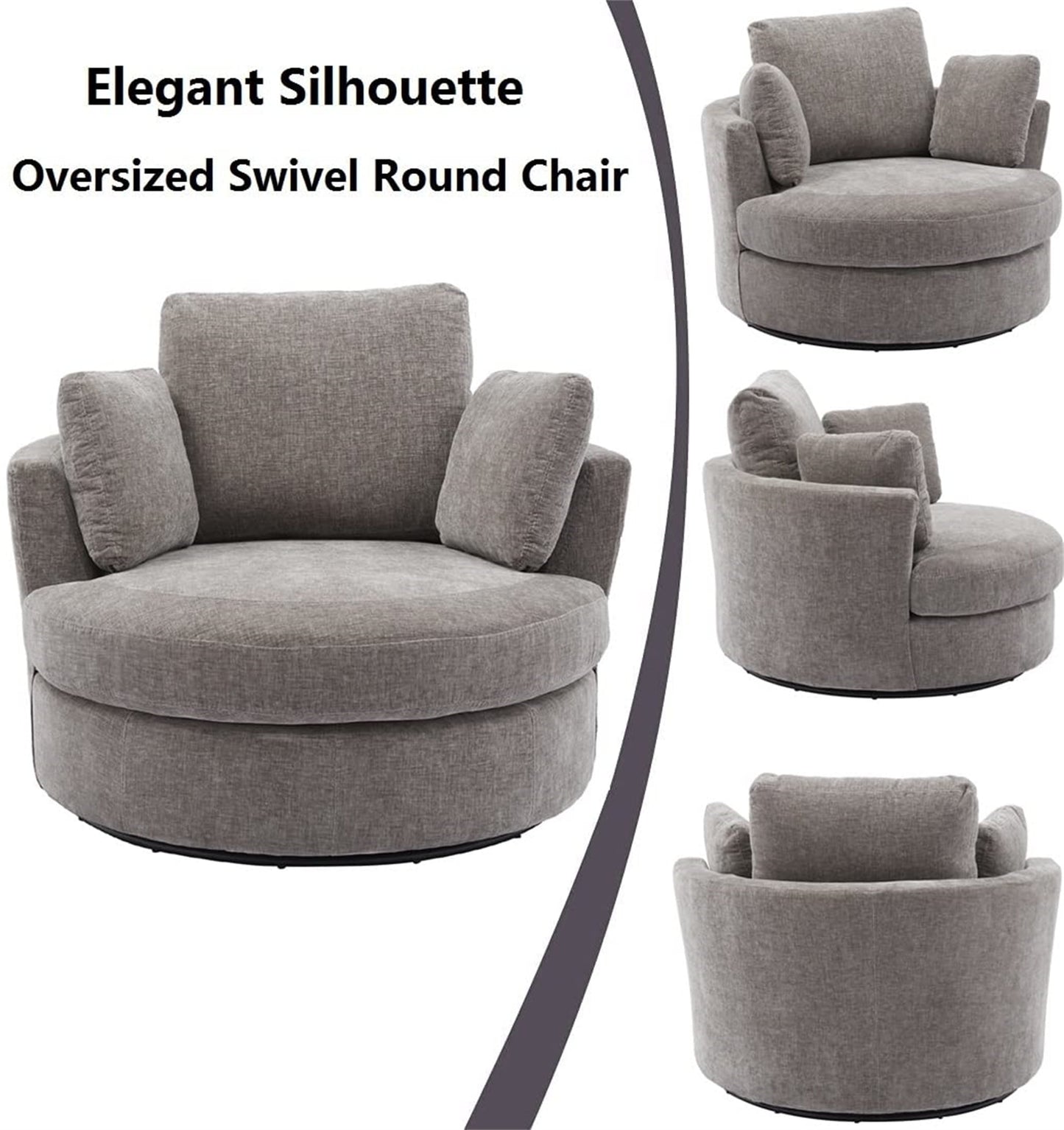 Aukfa 42in Oversized Swivel Accent Chair Barrel Chair w/ 3 Pillows for Living Room, Chenille, Gray