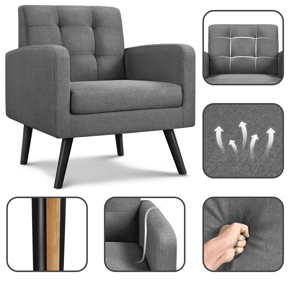 Alden Design Modern Tufted Accent Arm Chair with Rubber Wood Leg for Living Room, Dark Gray