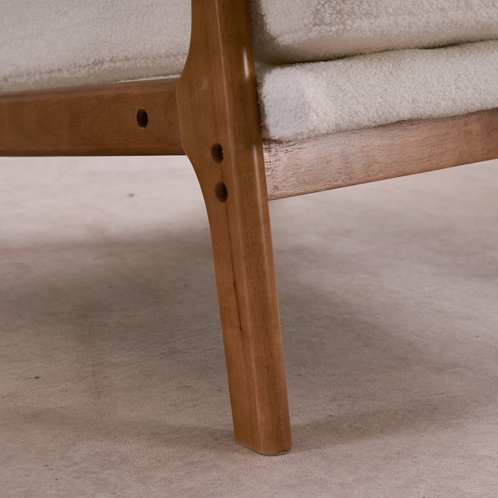 Accent Chair with Cushion, Mid-Century Modern High Back Reading Armchair with Wood Armrest, Upholstered Teddy Velvet Lounge Chair Solid Wood Side Chair for Living Room Bedroom Apartment, White