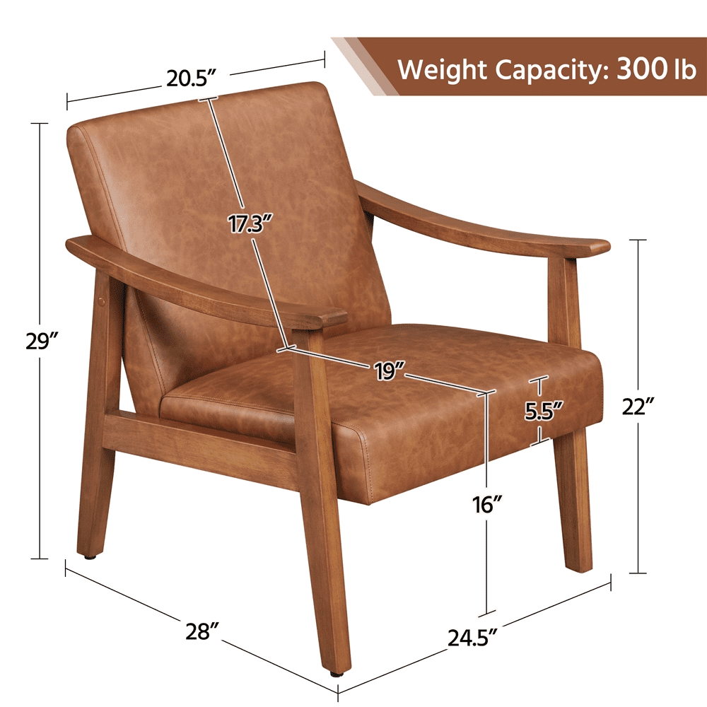 Alden Design Mid-Century Modern Accent Chair with Wooden Frame, Light Brown Faux Leather