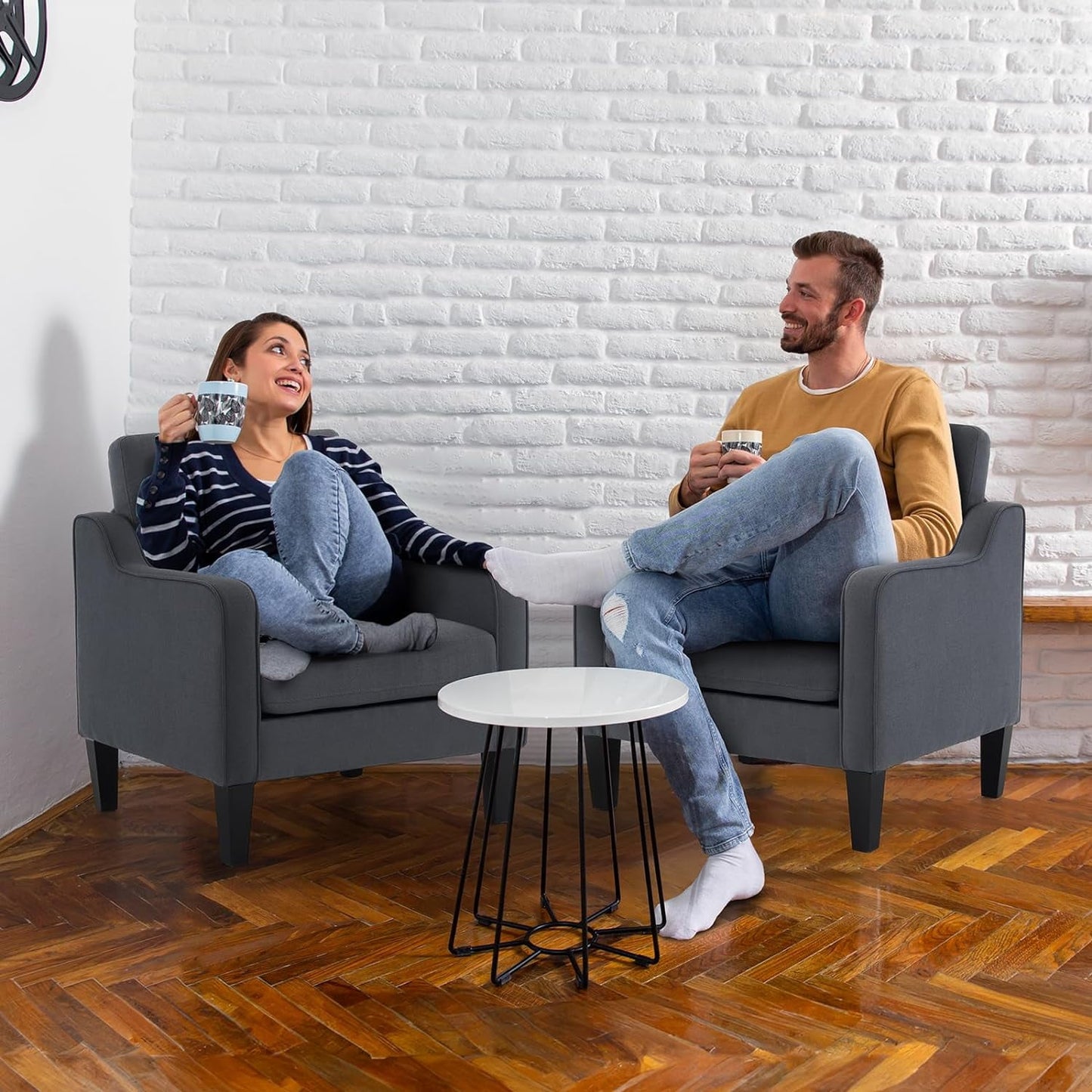 VINGLI Living Room Chairs Set of 2, Dark Grey Accent Chairs Mid Century Modern Chair Upholstered Arm Chair with Scooped Arms for Small Space, Bedroom, Apartment, Home Office