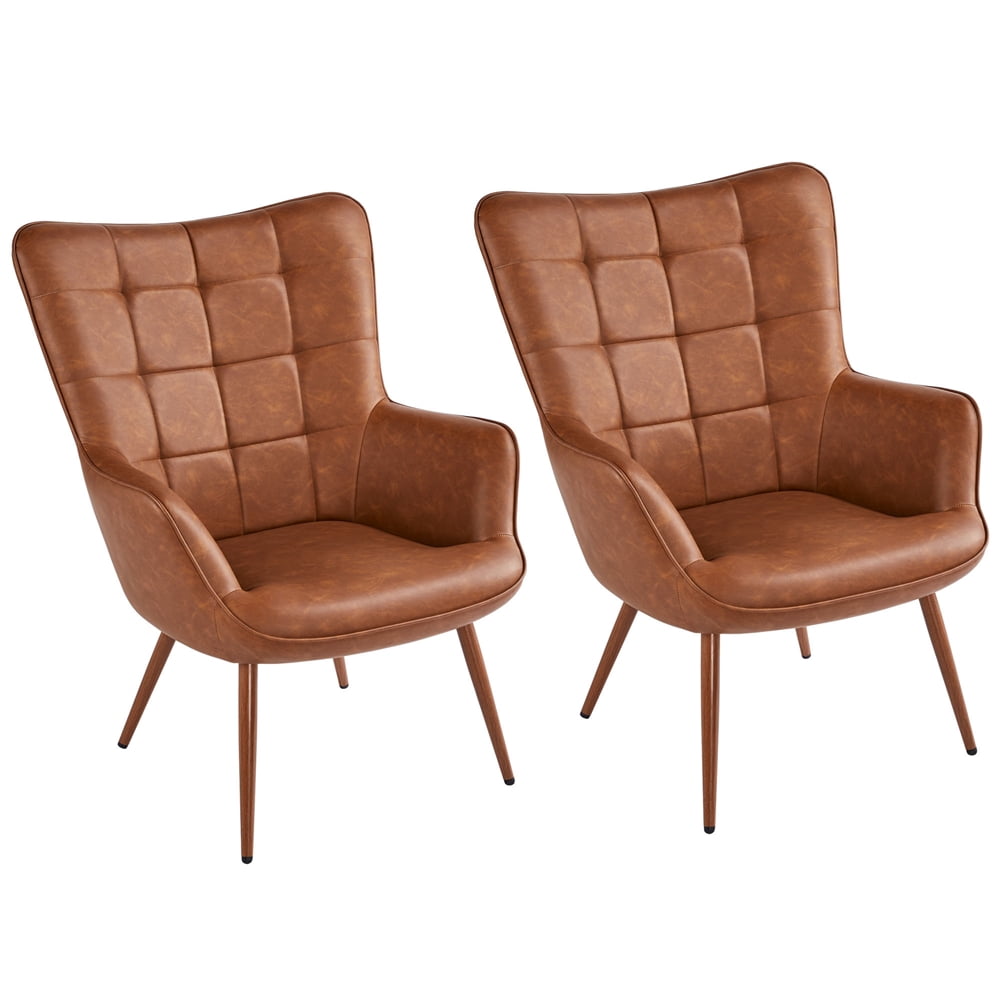 Alden Design Mid-Century Modern Faux Leather Wingback Accent Chair, Set of 2, Brown