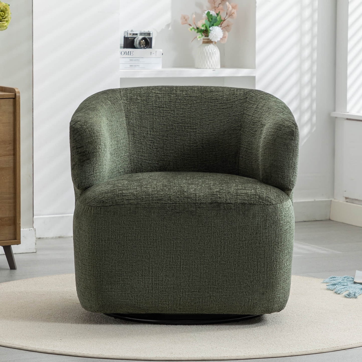 30in Wide Chenille Upholstered Swivel Accent Chair Boucle Swivel Barrel Chair