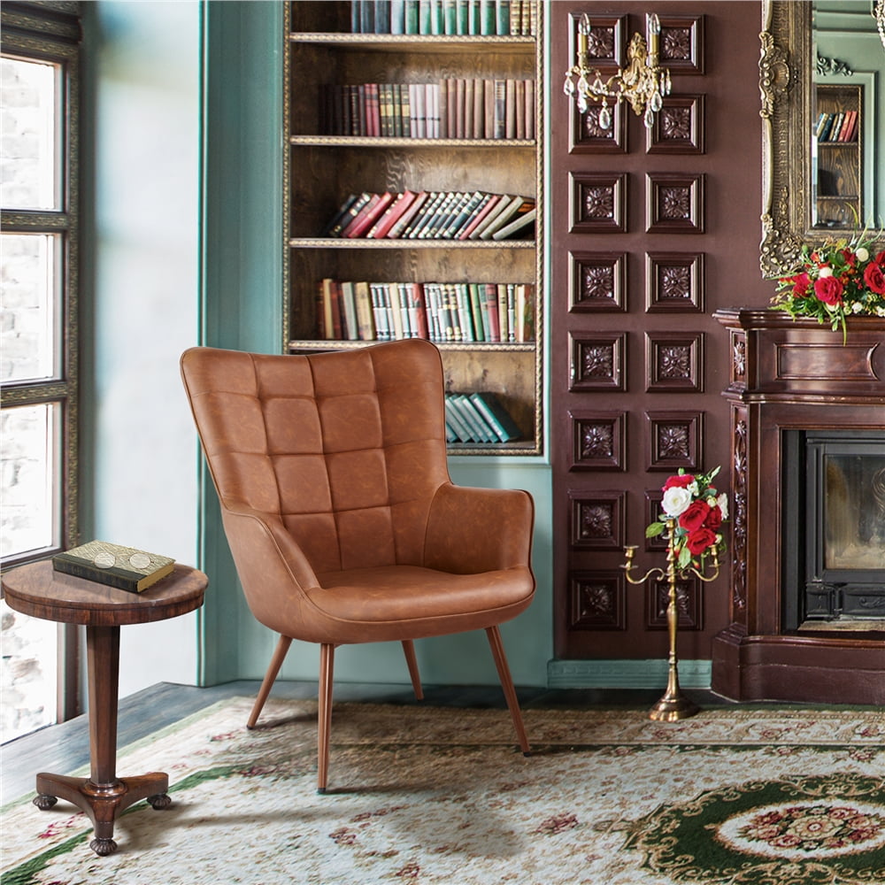 Alden Design Mid-Century Modern Faux Leather Wingback Accent Chair, Set of 2, Brown