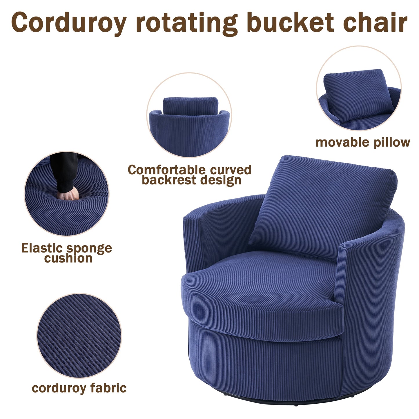 Aukfa 32in Swivel Accent Chair Barrel Chair with Pillow for Living Room Bedroom, Corduroy, Blue