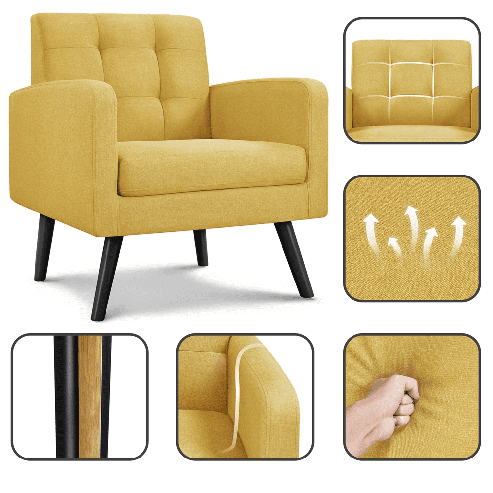 Alden Design Modern Tufted Accent Arm Chair with Rubber Wood Leg for Living Room, Yellow