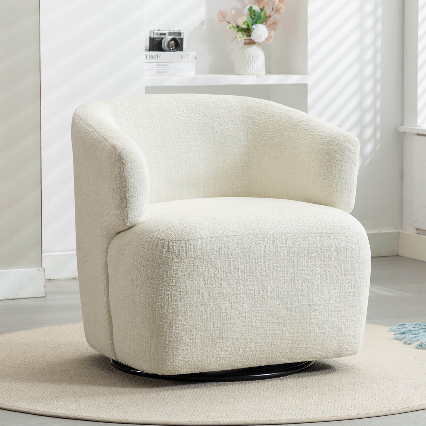 30in Wide Chenille Upholstered Swivel Accent Chair Boucle Swivel Barrel Chair