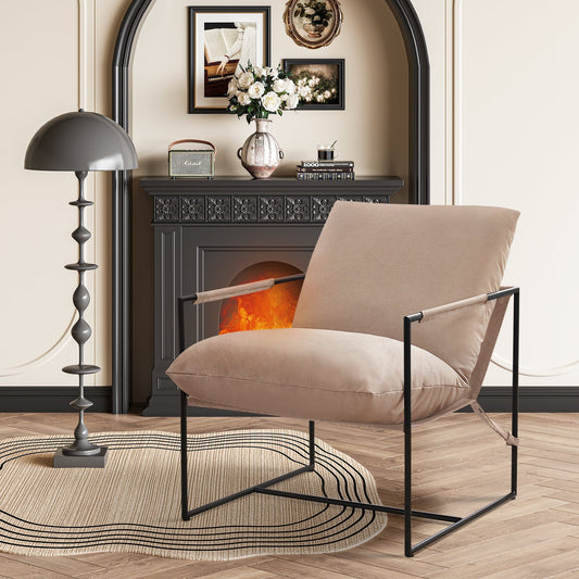 AUSTUFF Living Room Chair: Casual, Big Statement Accent Chair with Metal Frame & Bedroom Arms, Khaki