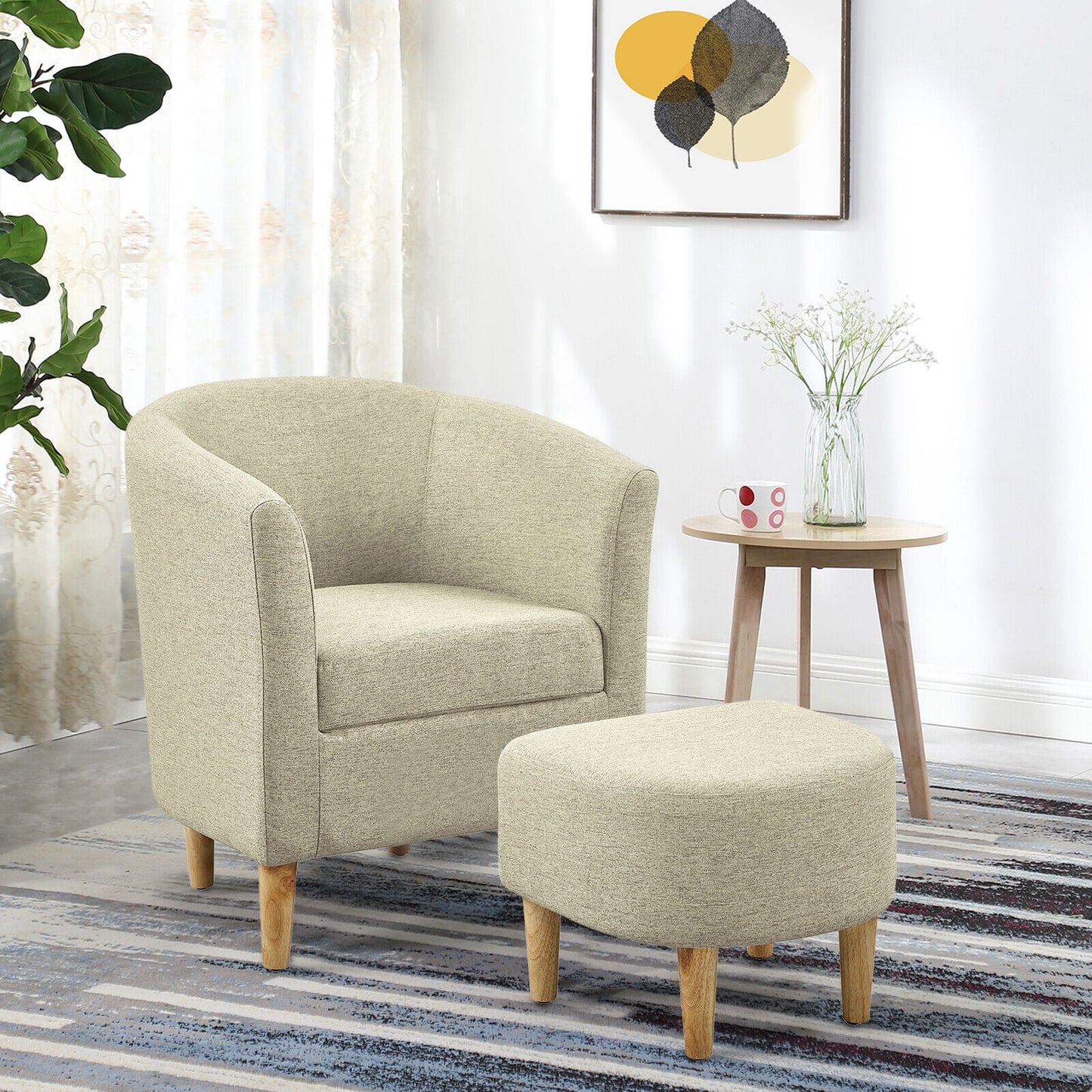 Accent Arm Chair with Ottoman, Modern Home Leisure Reading Chair Footrest Single Sofa, Light Yellow