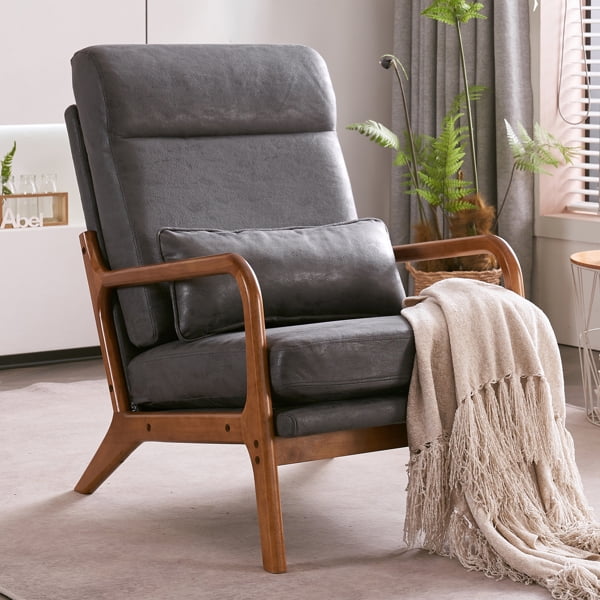 Accent Chair with Cushion, Mid-Century Modern High Back Reading Armchair with Wood Armrest, Upholstered Linen Lounge Chair Solid Wood Side Chair for Living Room Bedroom Apartment, Dark Gray