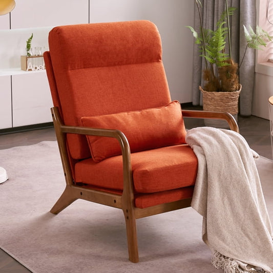Accent Chair with Cushion, Mid-Century Modern High Back Reading Armchair with Wood Armrest, Upholstered Linen Lounge Chair Solid Wood Side Chair for Living Room Bedroom Apartment, Orange