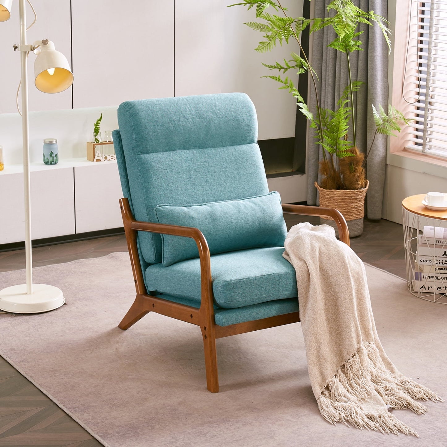 Accent Chair with Cushion, Mid-Century Modern High Back Reading Armchair with Wood Armrest, Upholstered Linen Lounge Chair Solid Wood Side Chair for Living Room Bedroom Apartment, Teal