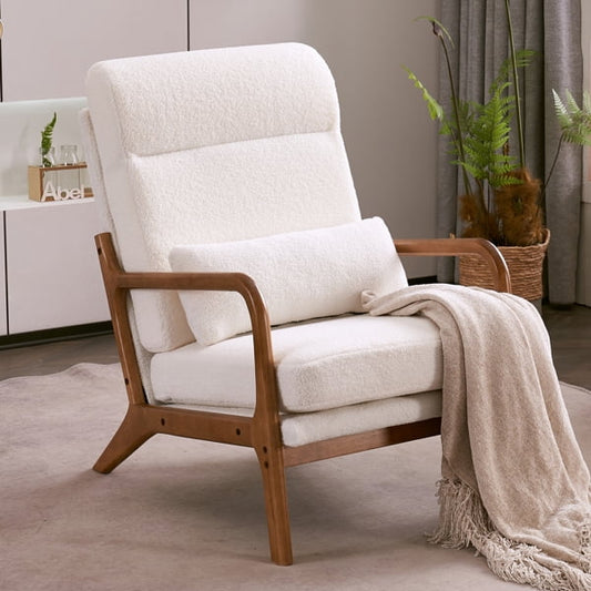 Accent Chair with Cushion, Mid-Century Modern High Back Reading Armchair with Wood Armrest, Upholstered Teddy Velvet Lounge Chair Solid Wood Side Chair for Living Room Bedroom Apartment, White