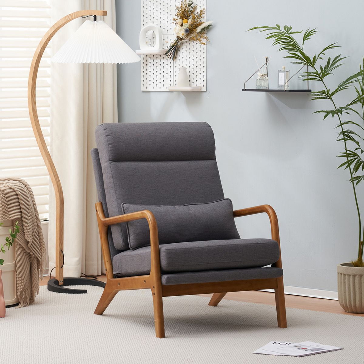 Accent Chair with Cushion, Mid-Century Modern Reading Armchair with Wood Armrest, Upholstered Linen Lounge Chair Solid Wood Side Chair for Living Room Bedroom Apartment, Grey
