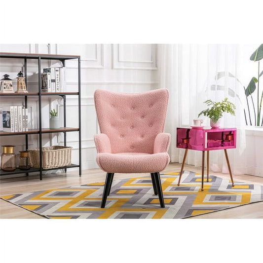 Accent Chair Tufted Button Wingback Reading Sofa Chair with Arms Upholstered Tall Back Teddy Fleece Fabric Desk Chair with Solid Wood Legs for Living Room Bedroom Waiting Room