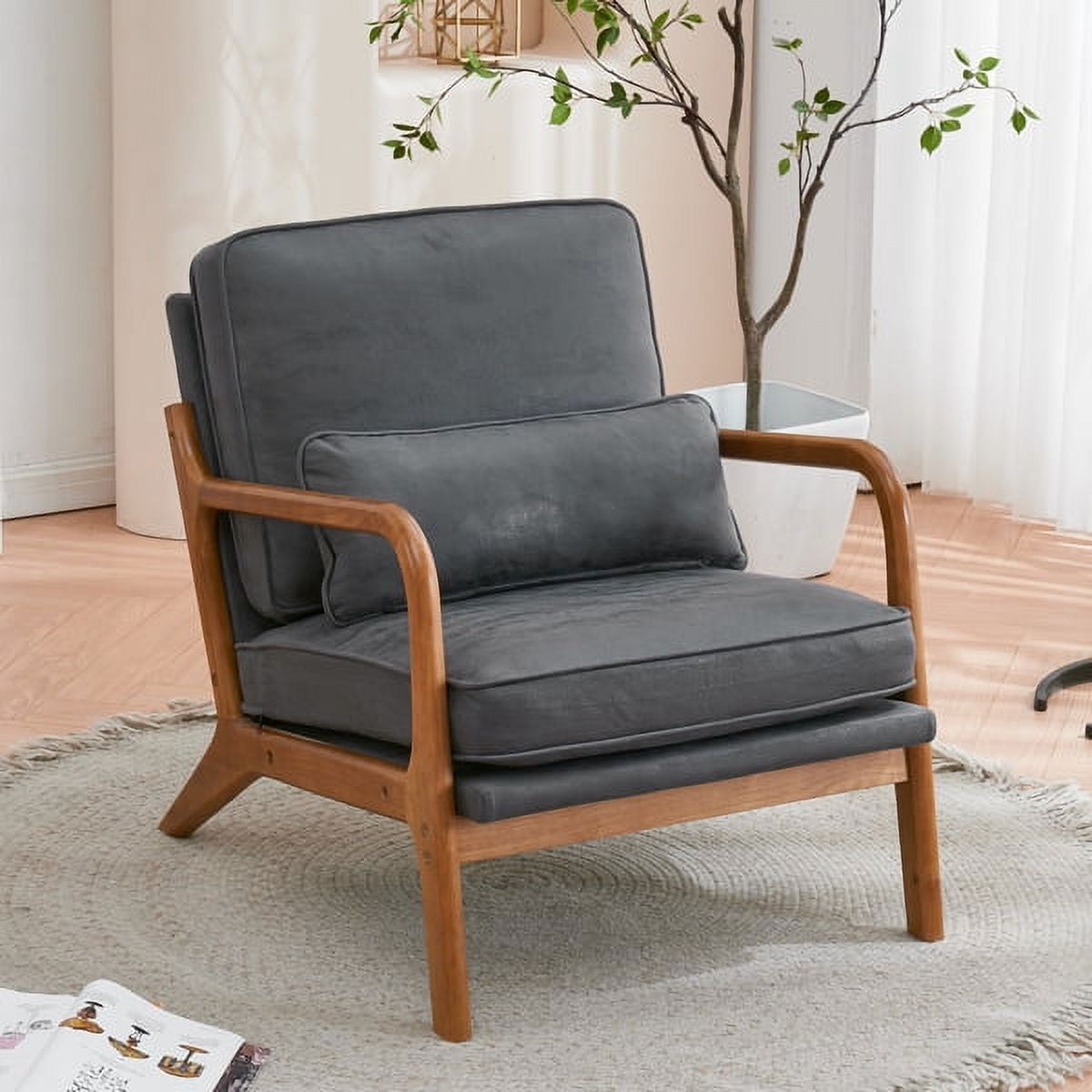 Accent Chairs, Single Bronzing Cloth Lounge Reading Armchair with Solid Wood Frame, Mid Century Modern Arm Chairs for Living Room, Bedroom (Dark Gray)