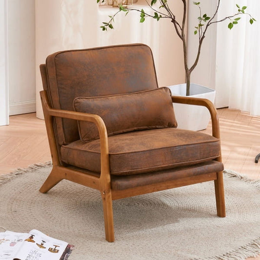 Accent Chairs, Single Bronzing Cloth Lounge Reading Armchair with Solid Wood Frame, Mid Century Modern Arm Chairs for Living Room, Bedroom-Brown