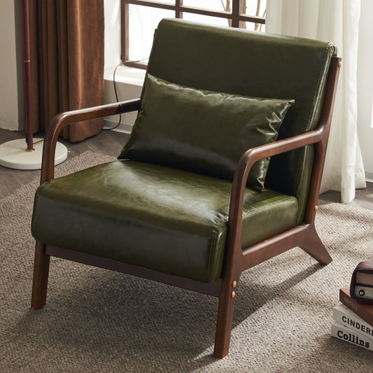 Accent Chairs, Single Linen Lounge Reading Armchair with Solid Wood Frame, Mid Century Modern Easy Assembly Arm Chairs for Living Room, Dark Green PU