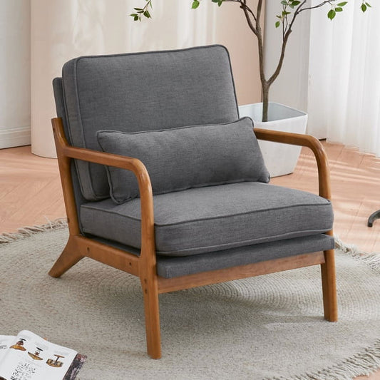 Accent Chairs, Single Linen Lounge Reading Armchair with Solid Wood Frame, Mid Century Modern Easy Assembly Arm Chairs for Living Room-Light Gray