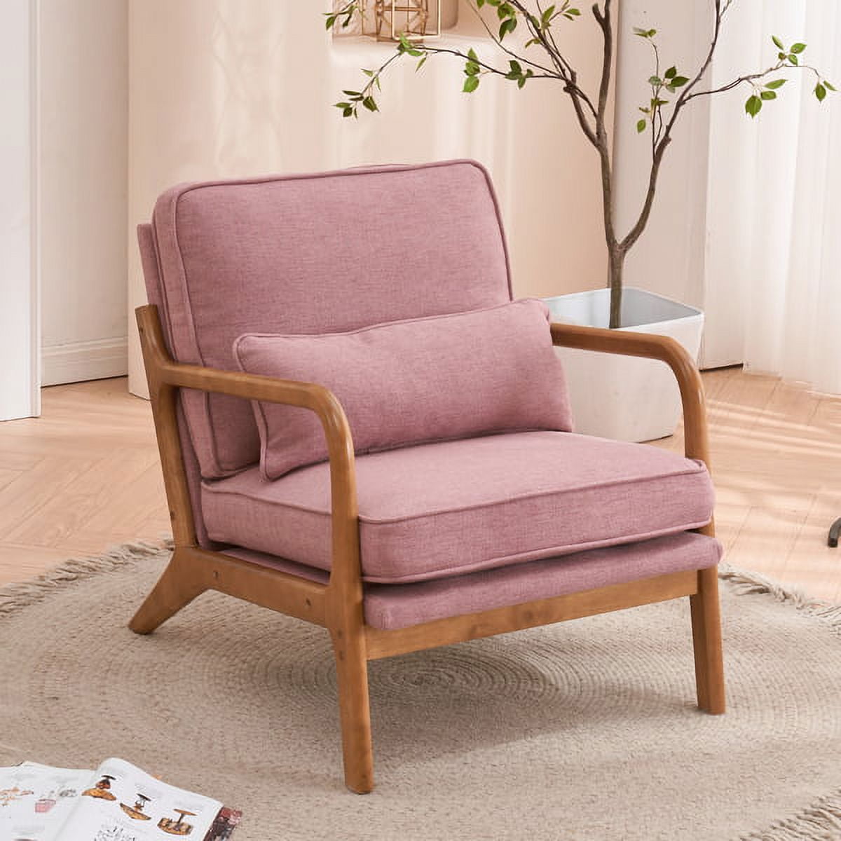 Accent Chairs, Single Linen Lounge Reading Armchair with Solid Wood Frame, Mid Century Modern Easy Assembly Arm Chairs for Living Room-Pink