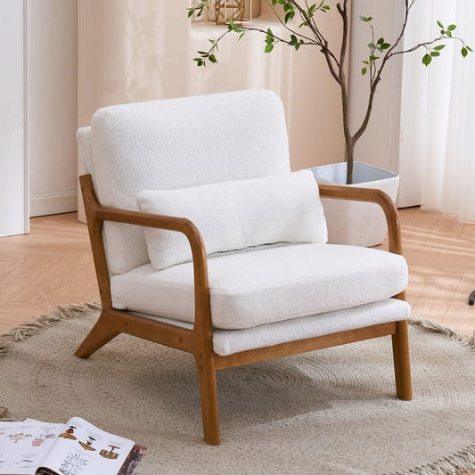 Accent Chairs, Single Teddy Velvet Lounge Reading Armchair with Solid Wood Frame, Mid Century Modern Easy Assembly Arm Chairs for Living Room-White