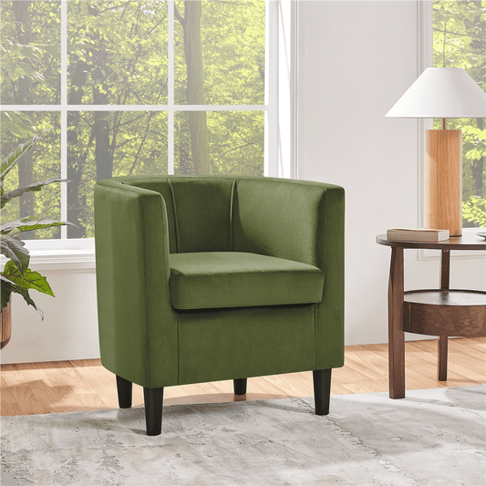Alden Design Contemporary Barrel Accent Chair, Olive Green Velvet