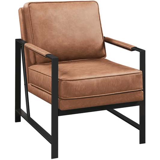 Alden Design Mid-Century Modern Accent Chair with Metal Frame, Light Brown Faux Leather