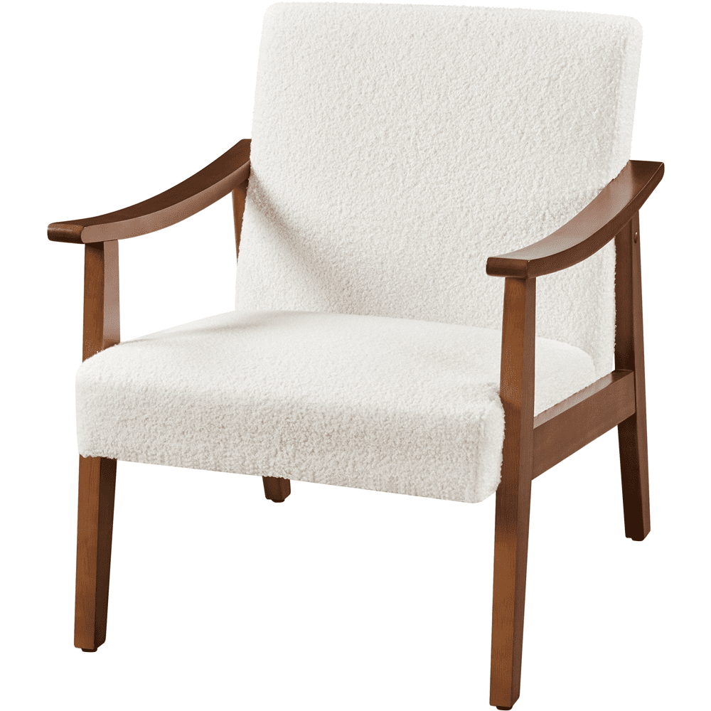 Alden Design Mid-Century Modern Accent Chair with Wooden Frame, Ivory Boucle Fabric