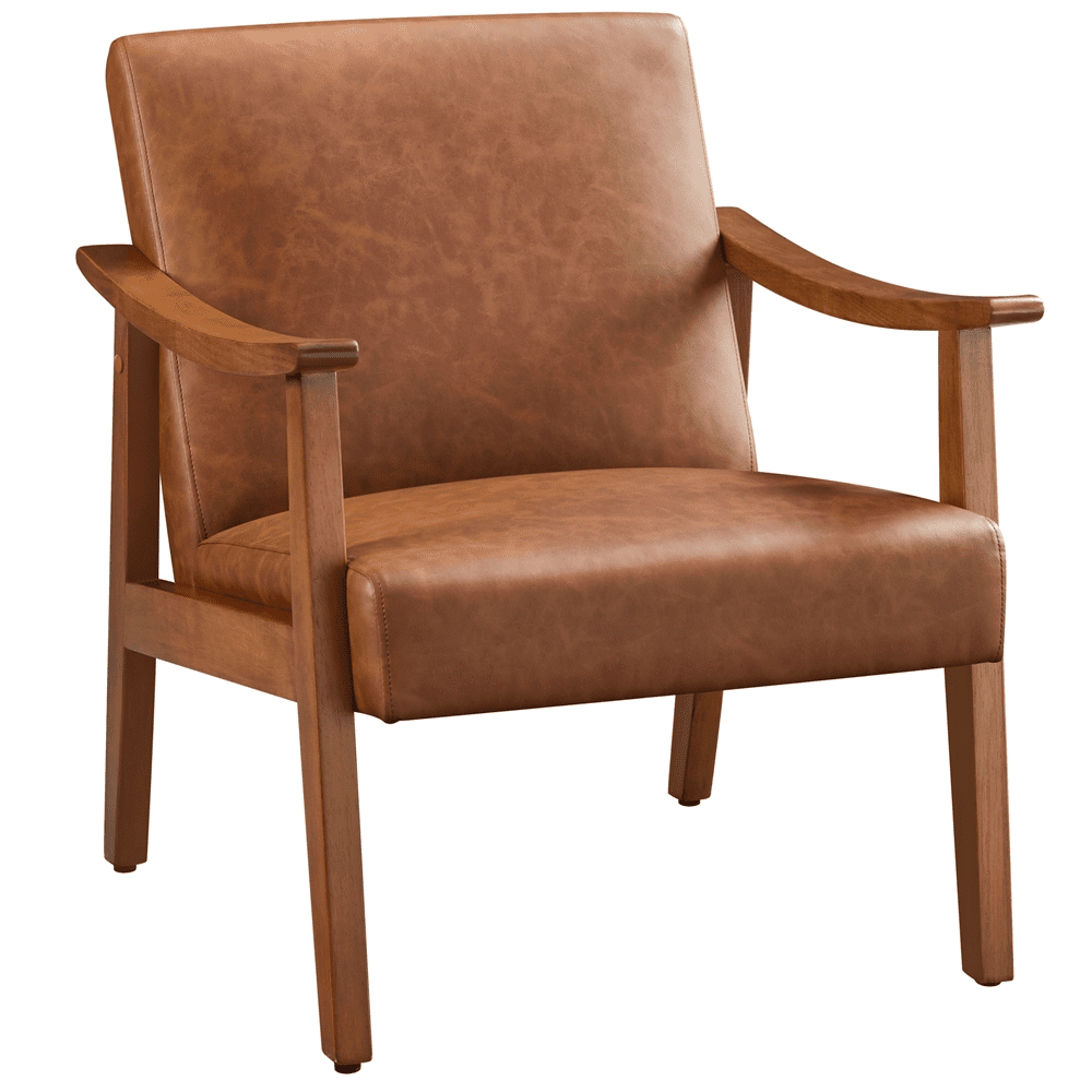 Alden Design Mid-Century Modern Accent Chair with Wooden Frame, Light Brown Faux Leather