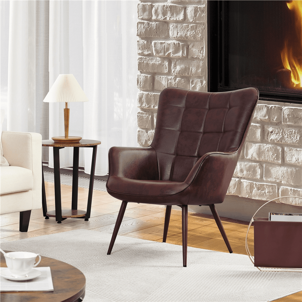 Alden Design Mid-Century Modern Faux Leather Wingback Accent Chair, Chestnut Brown