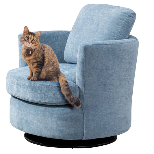 Aukfa 32in Wide Swivel Barrel Chair Accent Chair with Pillow for Living Room Bedroom, Chenille, Blue