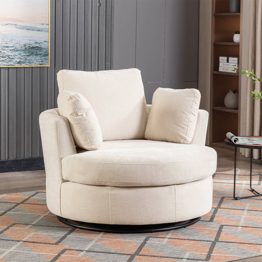 Aukfa 42in Oversized Swivel Accent Chair Barrel Chair w/ 3 Pillows for Living Room, Chenille, Beige