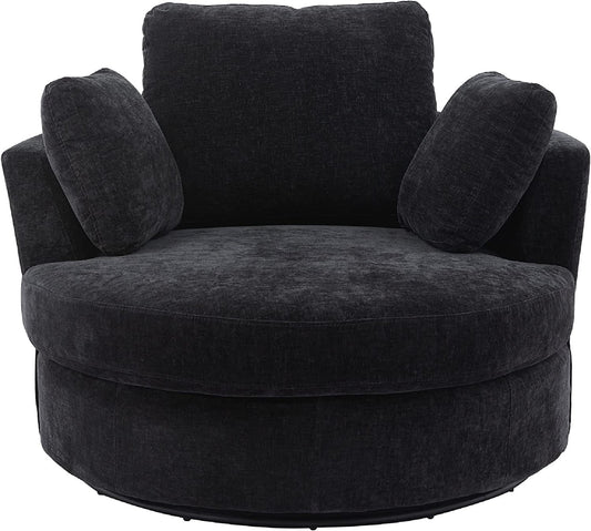 Aukfa 42in Oversized Swivel Accent Chair Barrel Chair w/ 3 Pillows for Living Room, Chenille, Black