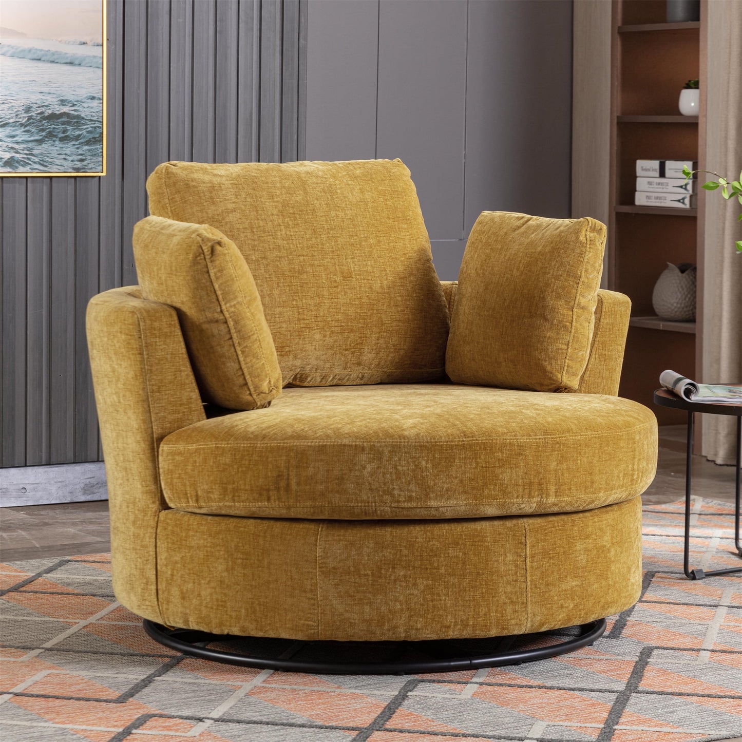 Aukfa 42in Oversized Swivel Accent Chair Barrel Chair w/ 3 Pillows for Living Room, Chenille, Mustard