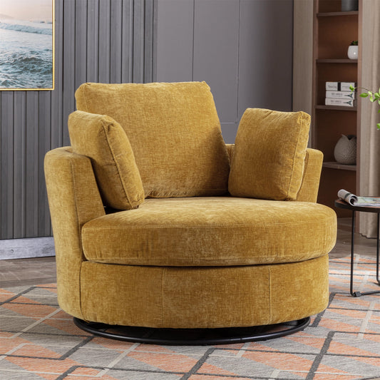 Aukfa 42in Oversized Swivel Accent Chair Barrel Chair w/ 3 Pillows for Living Room, Chenille, Mustard