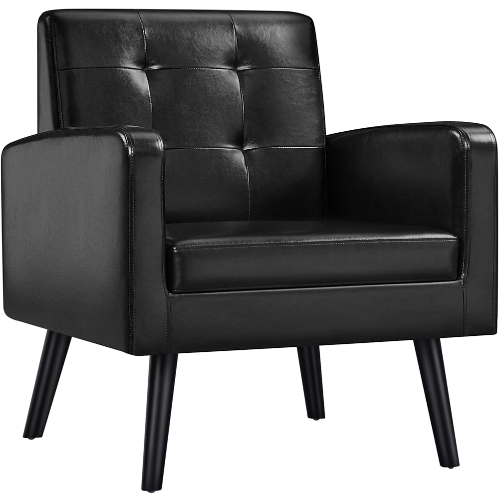 Alden Design Mid Century Faux Leather Tufted Accent Chair for Living Room, Black