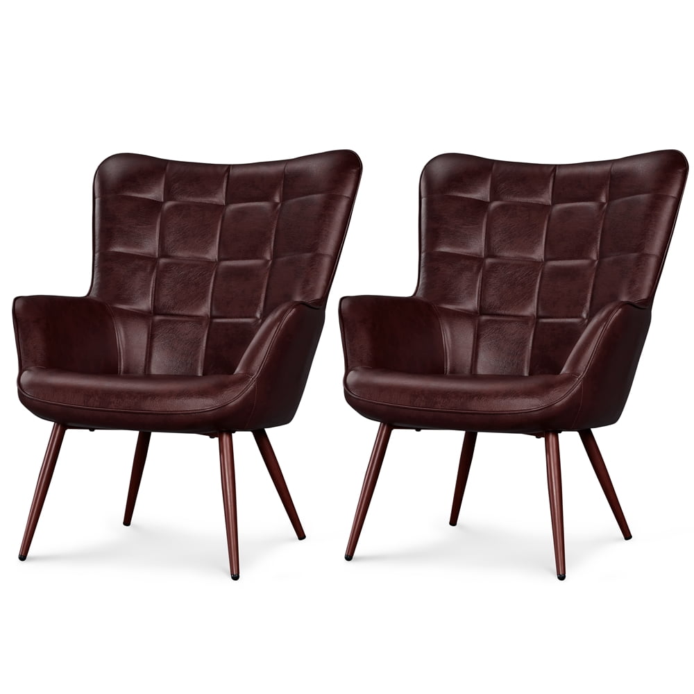 Alden Design 2PCS Modern Faux Leather Wingback Accent Armchair for Living Room, Chestnut Brown