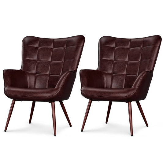 Alden Design 2PCS Modern Faux Leather Wingback Accent Armchair for Living Room, Chestnut Brown
