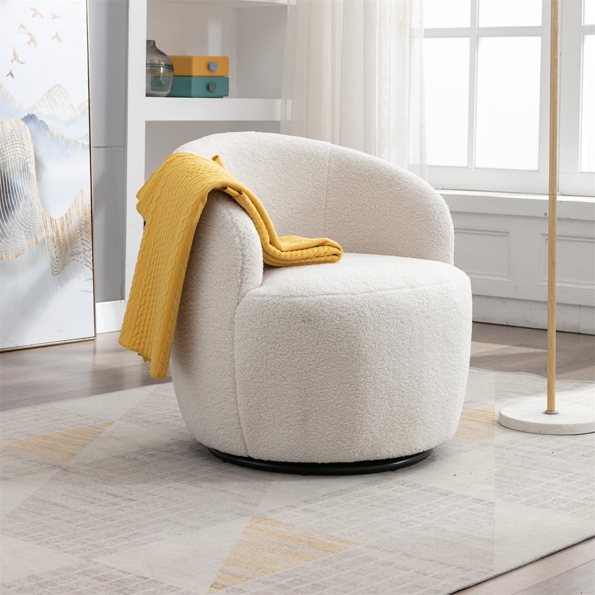 360?¡Þ Swivel Teddy Barrel Chair, Tufted-Back Armchair for Living Room, Bedroom - Ivory