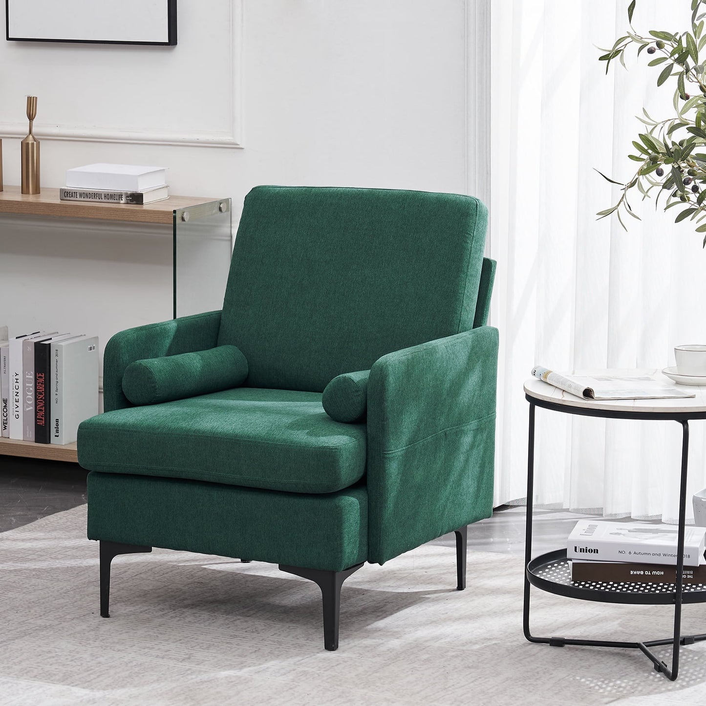VINGLI Extra Wide Deep Accent Chair, Emerald Green Mid Century Chair Reading Chair Sofa Chair with Side Pocket for Living Room