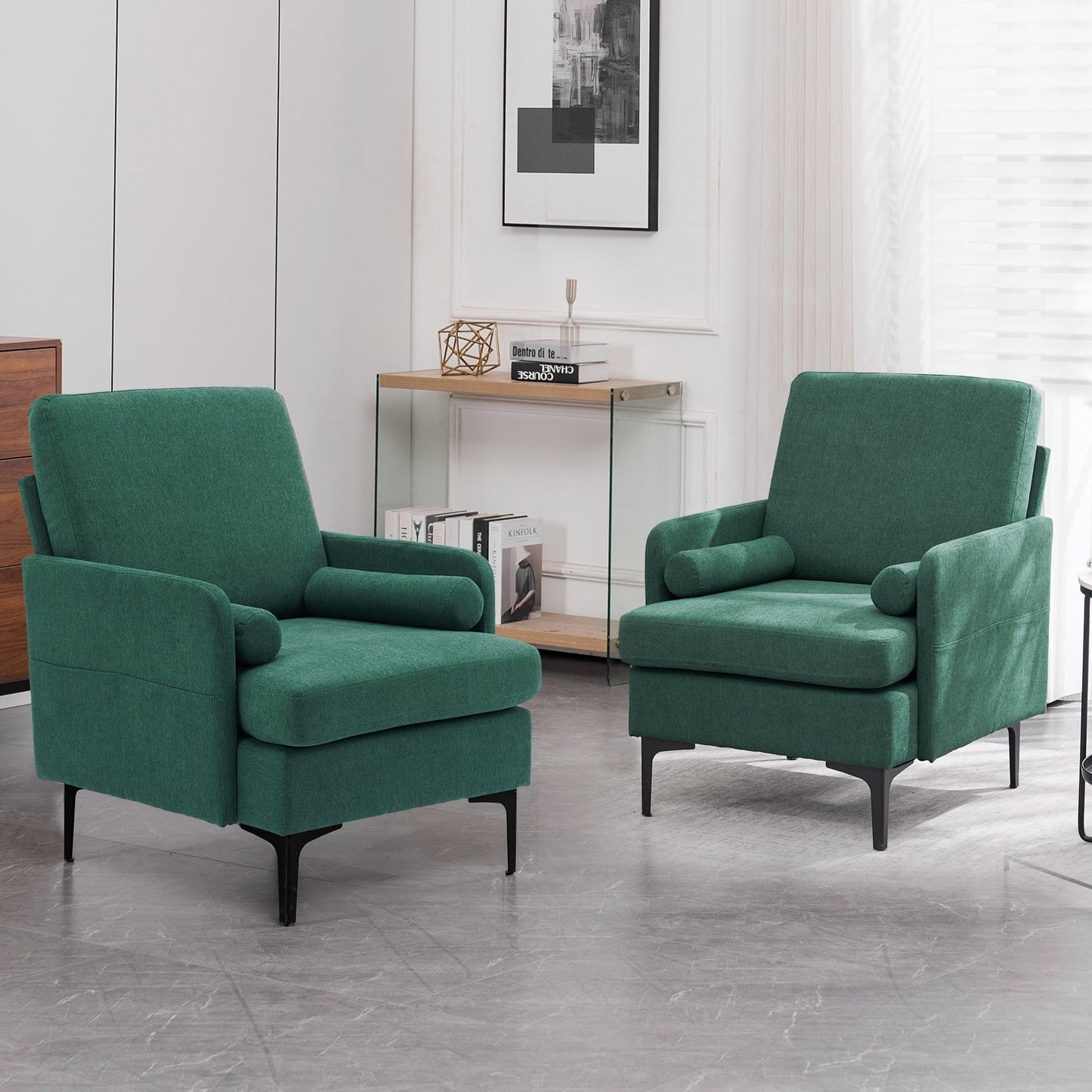 VINGLI Extra Wide Deep Accent Chair Set of 2, Emerald Green Mid Century Chair Reading Chair Sofa Chair with Side Pocket for Living Room/Bedroom