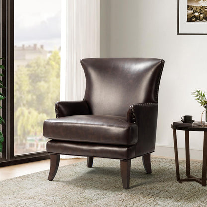 14 Karat Home Vegan Leather Accent Armchair, Upholstered Wingback with Nailhead Trim, Solid Wood Legs, Brown